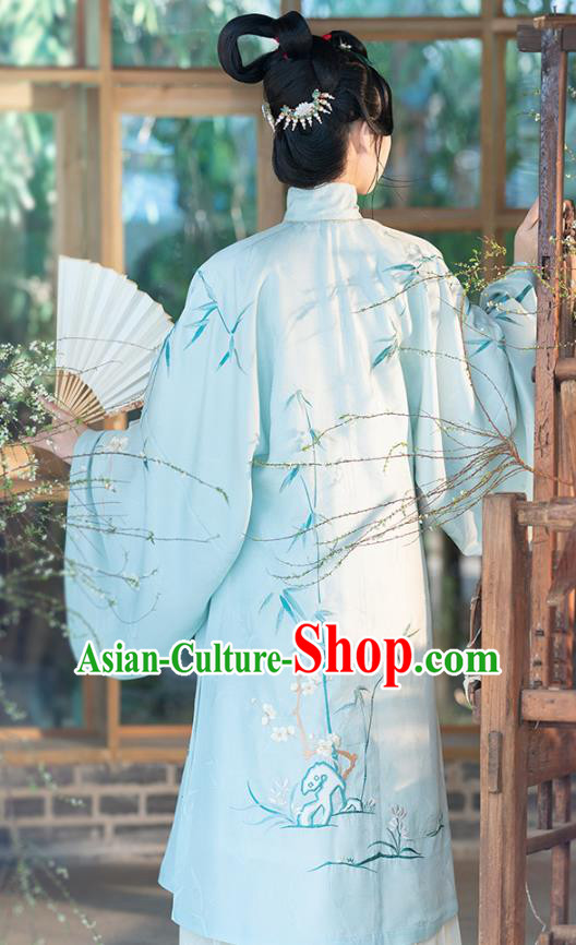Chinese Ancient Princess Hanfu Dress Traditional Embroidered Blue Long Gown and Skirt Ming Dynasty Noble Lady Historical Costumes Complete Set
