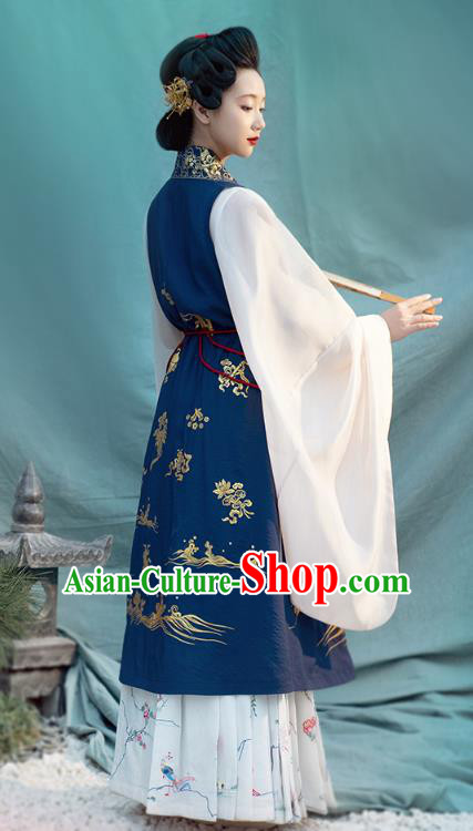 Chinese Ancient Countess Hanfu Apparels Traditional Ming Dynasty Noble Women Historical Costumes Embroidered Deep Blue Long Vest