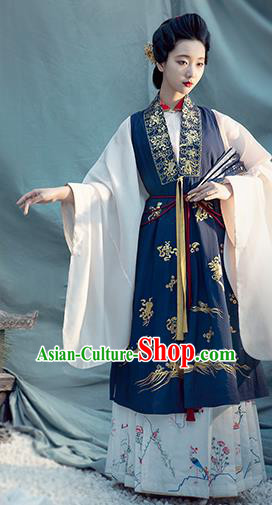 Chinese Ancient Countess Hanfu Apparels Traditional Ming Dynasty Noble Women Historical Costumes Embroidered Deep Blue Long Vest
