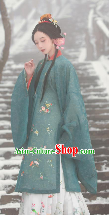 Chinese Ancient Noble Lady Hanfu Apparels Traditional Ming Dynasty Princess Historical Costumes Embroidered Green Gown and Skirt Full Set