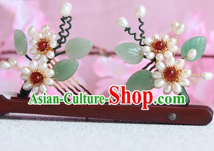 Chinese Classical Court Pearls Hair Combs Handmade Hanfu Hair Accessories Ancient Ming Dynasty Princess Jade Leaf Hairpins