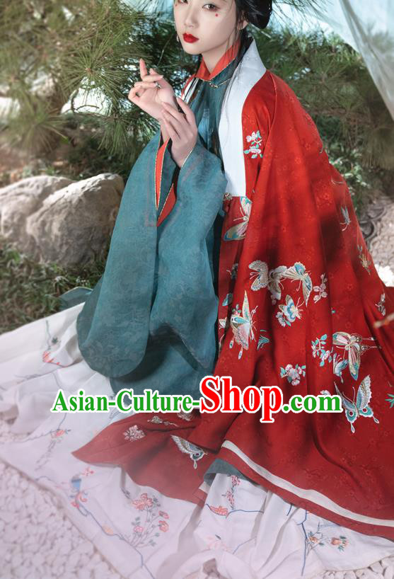 Chinese Ancient Court Women Hanfu Apparels Traditional Ming Dynasty Imperial Concubine Embroidered Red Cape Gown and Skirt Historical Costumes Full Set
