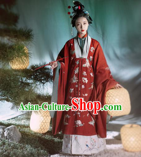 Chinese Ancient Court Women Hanfu Apparels Traditional Ming Dynasty Imperial Concubine Embroidered Red Cape Gown and Skirt Historical Costumes Full Set