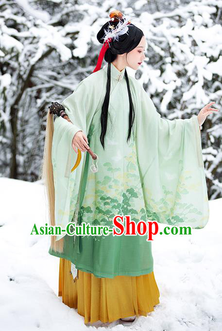 Chinese Ancient Taoist Nun Hanfu Apparels Traditional Ming Dynasty Noble Lady Green Gown and Skirt Historical Costumes Complete Set