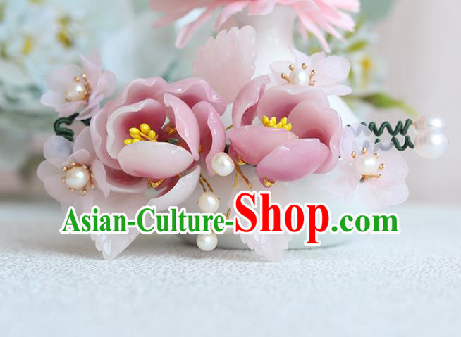 Chinese Classical Court Pink Flowers Hair Stick Handmade Hanfu Hair Accessories Ancient Song Dynasty Princess Hairpins