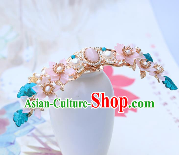 Chinese Classical Palace Pink Lotus Pearls Hair Crown Handmade Hanfu Hair Accessories Ancient Ming Dynasty Empress Hairpins