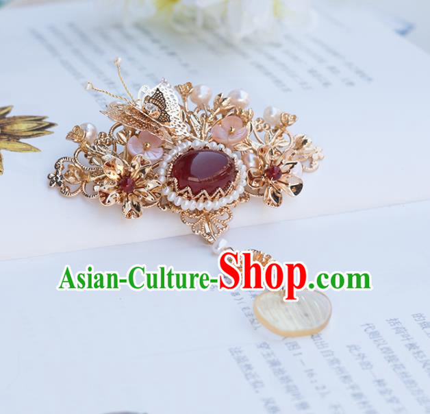 Chinese Classical Palace Golden Butterfly Hair Crown Handmade Hanfu Hair Accessories Ancient Ming Dynasty Empress Pearls Agate Hairpins