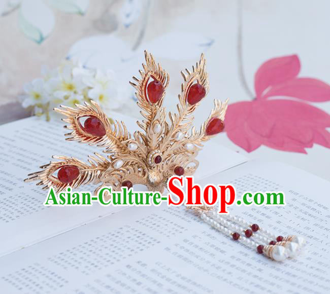 Chinese Classical Palace Agate Phoenix Hair Crown Handmade Hanfu Hair Accessories Ancient Ming Dynasty Empress Pearls Golden Hairpins