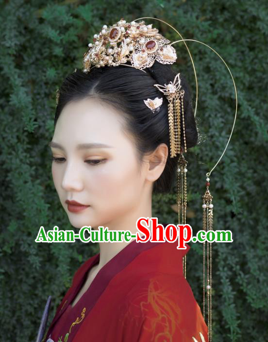 Chinese Classical Palace Agate Phoenix Coronet Handmade Hanfu Hair Accessories Ancient Ming Dynasty Empress Hairpins Golden Tassel Hair Crown