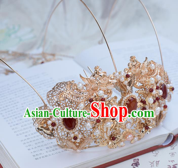 Chinese Classical Palace Agate Phoenix Coronet Handmade Hanfu Hair Accessories Ancient Ming Dynasty Empress Hairpins Golden Tassel Hair Crown