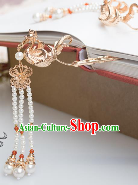 Chinese Classical Palace Pearls Tassel Step Shake Handmade Hanfu Hair Accessories Ancient Ming Dynasty Empress Golden Phoenix Hairpins