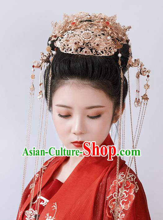 Chinese Classical Palace Pearls Hair Crown Handmade Hanfu Hair Accessories Ancient Ming Dynasty Empress Golden Phoenix Coronet Hairpins
