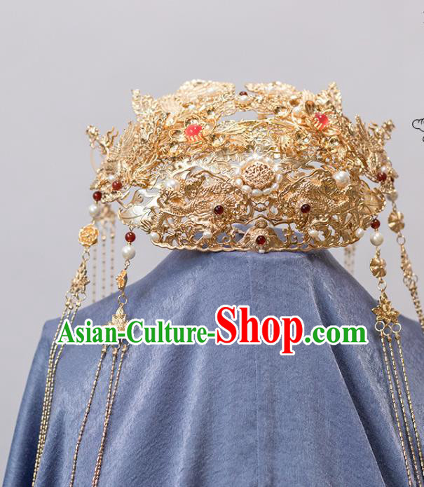 Chinese Classical Palace Pearls Hair Crown Handmade Hanfu Hair Accessories Ancient Ming Dynasty Empress Golden Phoenix Coronet Hairpins