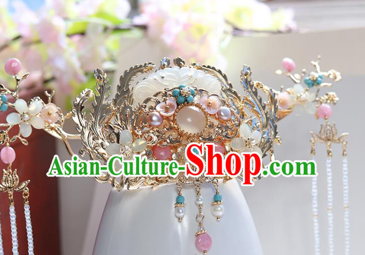 Chinese Classical Palace Jade Hair Crown Handmade Hanfu Hair Accessories Ancient Ming Dynasty Empress Pearls Chalcedony Hairpins