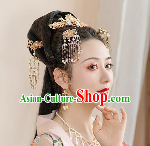 Chinese Classical Palace Golden Dragon Hair Sticks Handmade Hanfu Hair Accessories Ancient Tang Dynasty Princess Tassel Hairpins