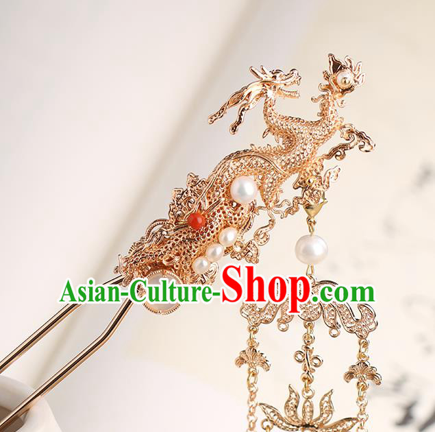 Chinese Classical Palace Golden Dragon Hair Sticks Handmade Hanfu Hair Accessories Ancient Tang Dynasty Princess Tassel Hairpins