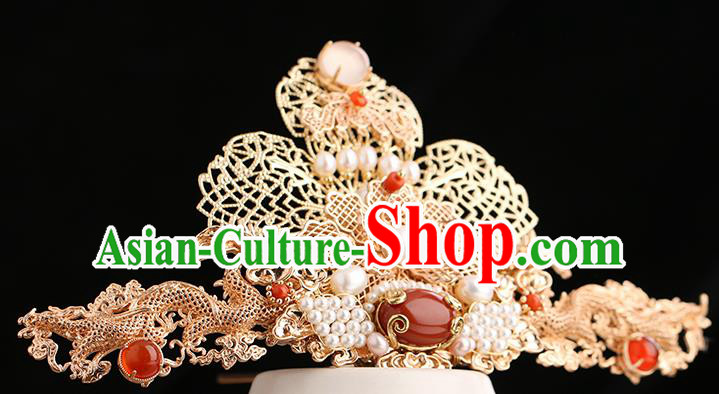 Chinese Classical Palace Golden Hair Crown Handmade Hanfu Hair Accessories Ancient Tang Dynasty Princess Agate Hairpins
