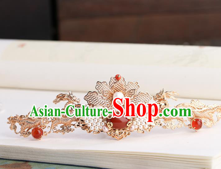 Chinese Classical Palace Golden Dragon Hair Crown Handmade Hanfu Hair Accessories Ancient Tang Dynasty Princess Pearls Hairpins