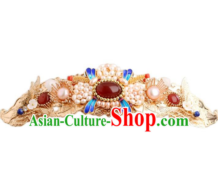 Chinese Classical Palace Pearls Agate Hair Crown Handmade Hanfu Hair Accessories Ancient Ming Dynasty Princess Golden Butterfly Hairpins