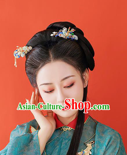 Chinese Classical Palace Jade Plum Hair Stick Handmade Hanfu Hair Accessories Ancient Ming Dynasty Princess Blueing Pearls Hairpins