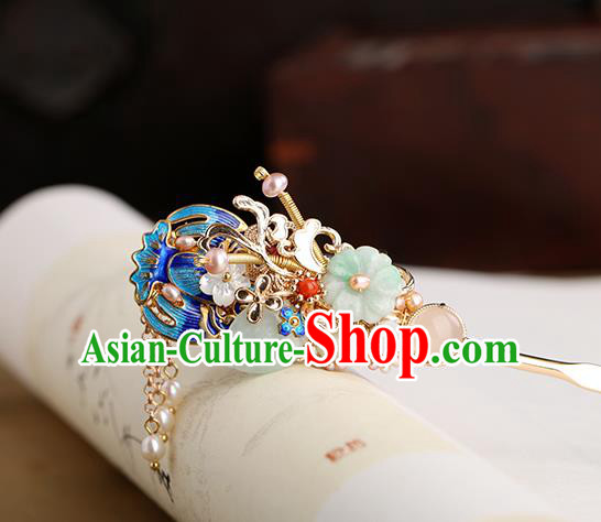 Chinese Classical Palace Jade Plum Hair Stick Handmade Hanfu Hair Accessories Ancient Ming Dynasty Princess Blueing Pearls Hairpins