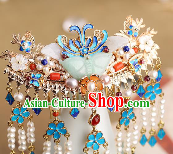 Chinese Classical Palace Jade Butterfly Hair Comb Handmade Hanfu Hair Accessories Ancient Ming Dynasty Princess Pearls Tassel Hairpins