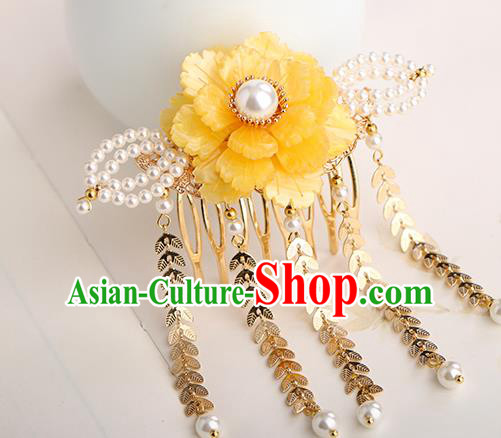 Chinese Classical Palace Yellow Peony Tassel Hair Comb Handmade Hanfu Hair Accessories Ancient Ming Dynasty Princess Hairpins
