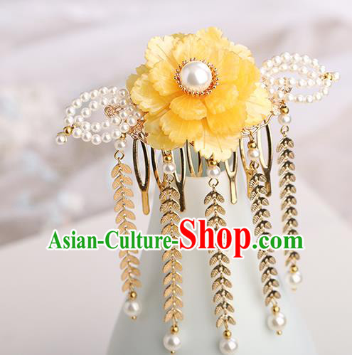 Chinese Classical Palace Yellow Peony Tassel Hair Comb Handmade Hanfu Hair Accessories Ancient Ming Dynasty Princess Hairpins