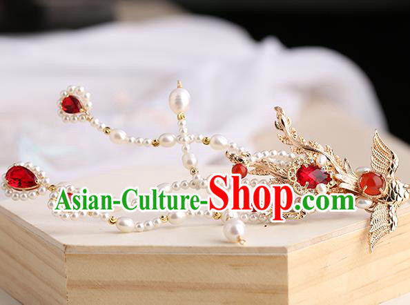 Chinese Classical Palace Phoenix Hair Sticks Handmade Hanfu Hair Accessories Ancient Ming Dynasty Princess Red Crystal Hairpins