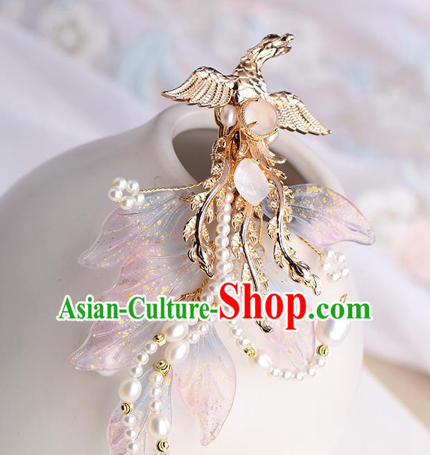 Chinese Classical Palace Pink Phoenix Hair Sticks Handmade Hanfu Hair Accessories Ancient Ming Dynasty Princess Pearls Hairpins