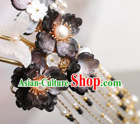 Chinese Classical Palace Tassel Hair Sticks Handmade Hanfu Hair Accessories Ancient Ming Dynasty Princess Black Flowers Hairpins