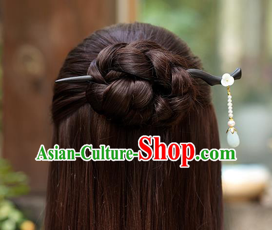 Chinese Classical Palace Ebony Hair Sticks Handmade Hanfu Hair Accessories Ancient Ming Dynasty Princess Jade Tassel Hairpins