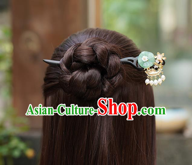 Chinese Classical Palace Golden Fish Hair Sticks Handmade Hanfu Hair Accessories Ancient Ming Dynasty Princess Jade Lotus Leaf Ebony Hairpins