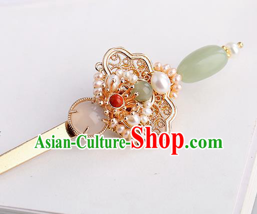 Chinese Classical Palace Jade Pearls Hair Sticks Handmade Hanfu Hair Accessories Ancient Ming Dynasty Princess Golden Hairpins