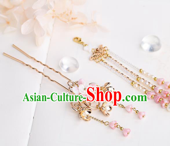 Chinese Classical Palace Pink Flower Tassel Hair Stick Handmade Hanfu Hair Accessories Ancient Ming Dynasty Princess Golden Hairpins