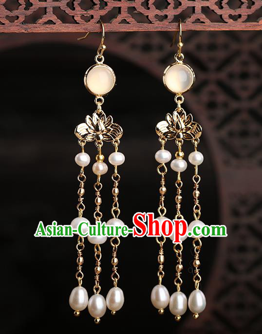 Chinese Handmade Tassel Pearls Earrings Classical Ear Accessories Hanfu Ming Dynasty Empress Golden Lotus Eardrop