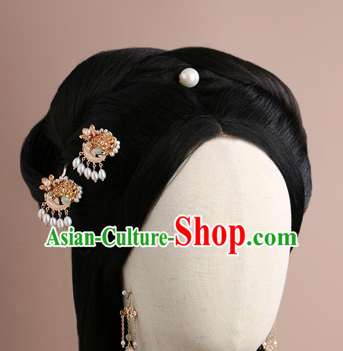Chinese Classical Palace Chrysanthemum Hair Sticks Handmade Hanfu Hair Accessories Ancient Ming Dynasty Princess Golden Pearls Hairpins