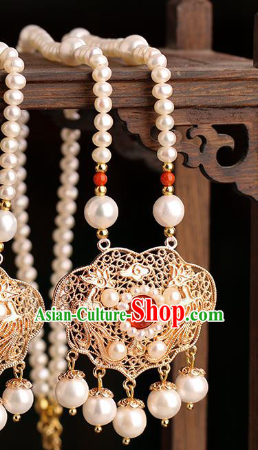 Chinese Handmade Golden Garnet Necklet Classical Jewelry Accessories Ancient Ming Dynasty Princess Hanfu Pearls Necklace for Women