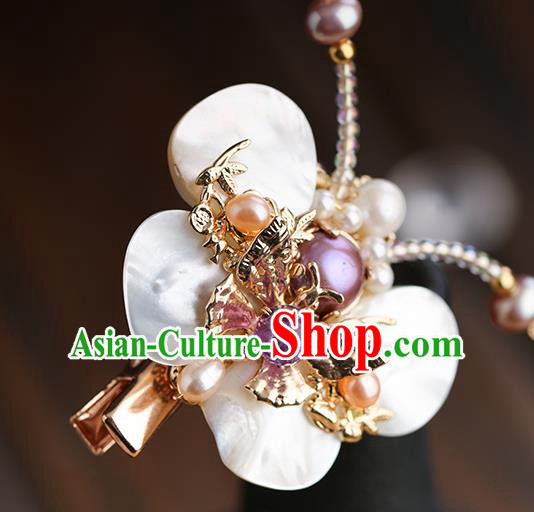 Chinese Classical Palace Shell Butterfly Hair Sticks Handmade Hanfu Hair Accessories Ancient Ming Dynasty Princess Pearls Hairpins