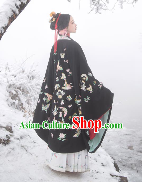 Chinese Ming Dynasty Countess Historical Costumes Traditional Hanfu Apparels Embroidered Black Cape Blouse and Skirt for Patrician Women