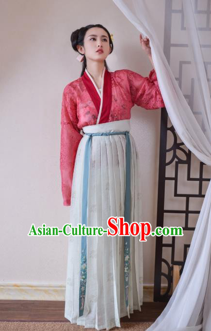 Chinese Ancient Servant Girl Historical Costumes Traditional Song Dynasty Court Maid Red Blouse and Skirt Hanfu Apparels