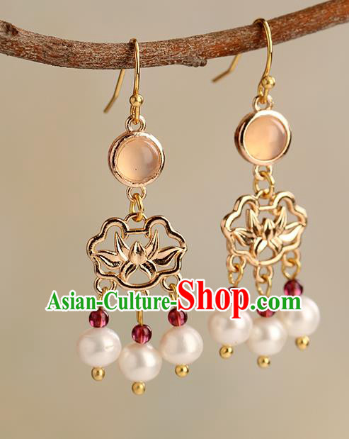 Chinese Handmade Garnet Earrings Classical Ear Accessories Hanfu Ming Dynasty Princess Golden Lotus Eardrop
