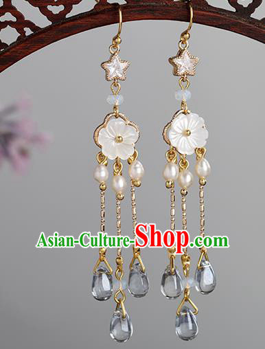 Chinese Handmade Shell Pearls Earrings Classical Ear Accessories Hanfu Ming Dynasty Princess Blue Crystal Eardrop