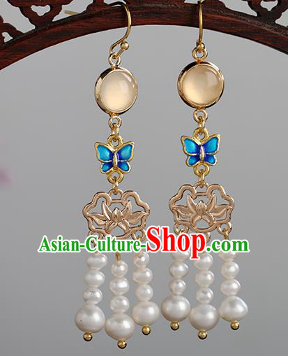 Chinese Handmade Blueing Butterfly Earrings Classical Ear Accessories Hanfu Ming Dynasty Princess Golden Lotus Eardrop