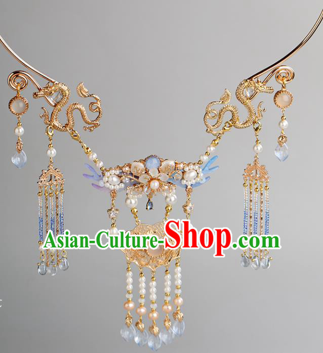 Chinese Handmade Golden Dragon Necklet Classical Jewelry Accessories Ancient Ming Dynasty Princess Hanfu Pearls Necklace for Women