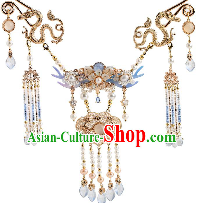Chinese Handmade Golden Dragon Necklet Classical Jewelry Accessories Ancient Ming Dynasty Princess Hanfu Pearls Necklace for Women