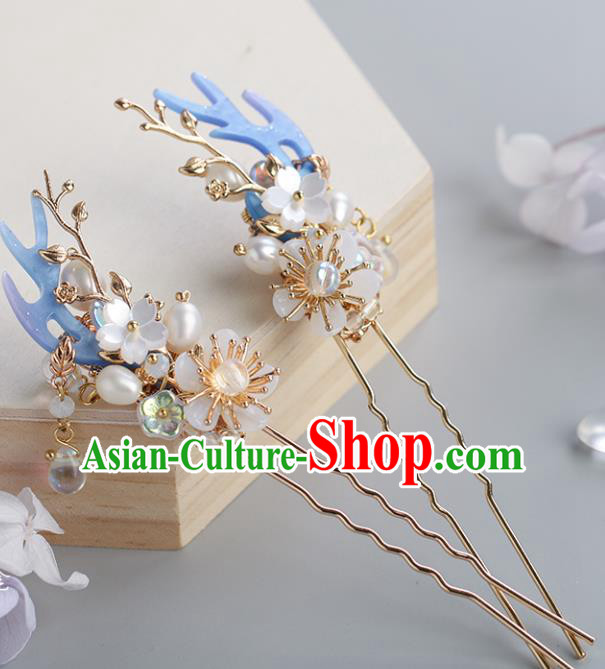 Chinese Classical Palace Pearls Plum Hair Stick Handmade Hanfu Hair Accessories Ancient Ming Dynasty Princess Hairpins