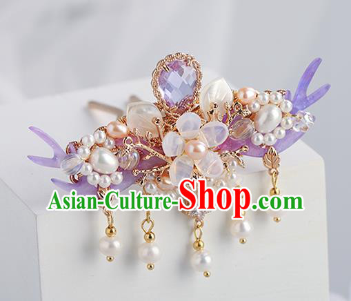 Chinese Classical Palace Purple Hair Crown Handmade Hanfu Hair Accessories Ancient Ming Dynasty Princess Crystal Hairpins