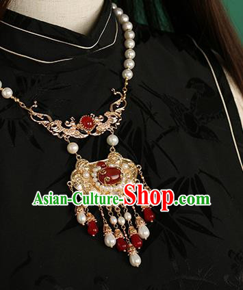 Chinese Handmade Pearls Tassel Necklet Classical Jewelry Accessories Ancient Ming Dynasty Princess Hanfu Agate Golden Necklace for Women