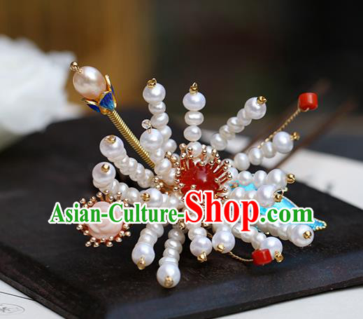 Chinese Classical Palace Beads Chrysanthemum Hair Stick Handmade Hanfu Hair Accessories Ancient Ming Dynasty Princess Agate Hairpins